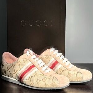 Gucci Cream and Red Sneakers with Monogram Print